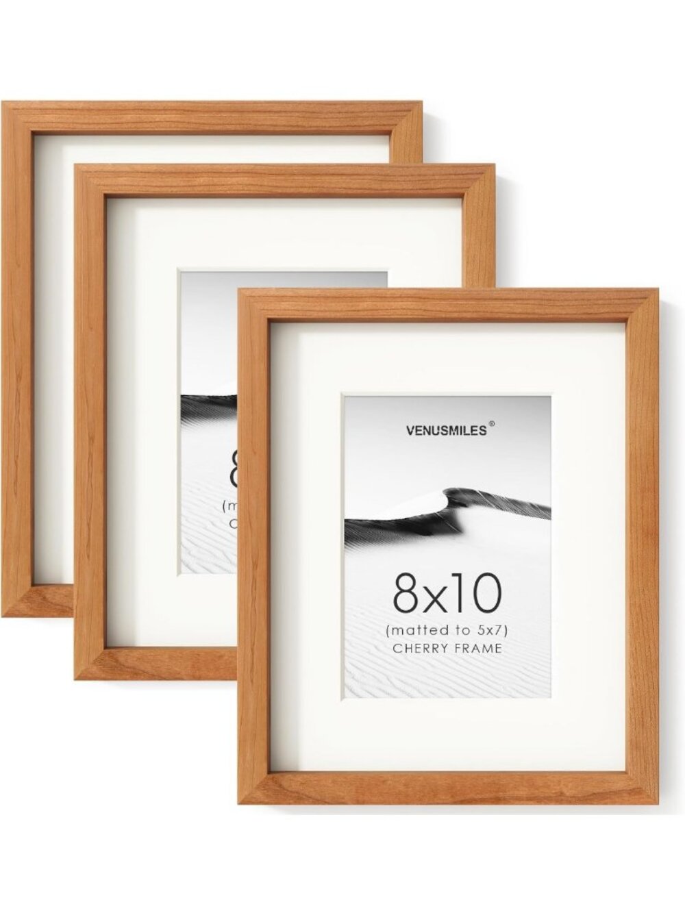 Natural Cherry Wood Picture Frame Set of 3 - 8x10 & 5x7 Matted Collage Frames
